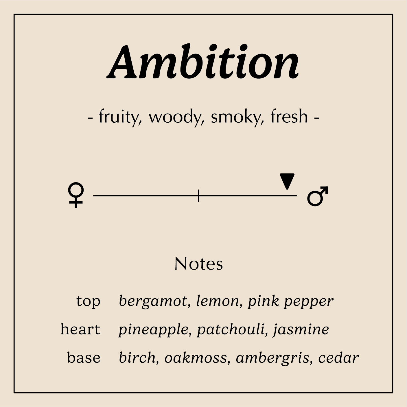 ambition description fruity woody smoky fresh
Notes:
Bergamot, Lemon, Pink Pepper, Black Currant
Pineapple, Patchouli, Moroccan Jasmine
Birch, Oakmoss, Ambergris, Cedarwood