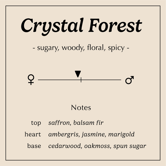 crystal forest description sugary woody floral spicy
Notes:
Top - Saffron, Balsam Fir
Heart - Ambergris, Jasmine, Marigold
Base - Cedarwood, Oakmoss, Spun Sugar