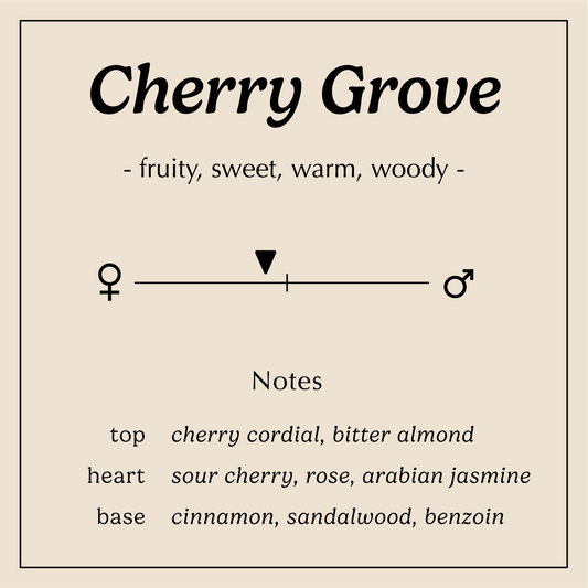 cherry grove description fruity sweet warm woody
Notes:
Bitter Almond, Cherry Cordial
Sour Cherry, Rose, Arabian Jasmine
Cinnamon, Sandalwood, Benzoin