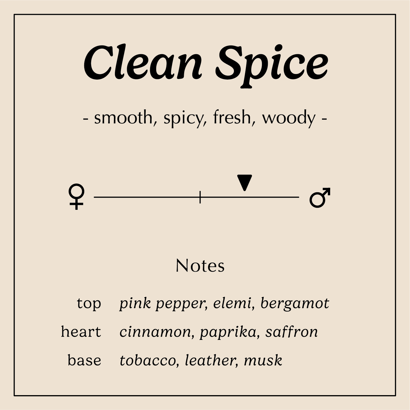 clean spice description smooth spicy fresh woody
Notes:
Pink Pepper, Elemi, Bergamot
Cinnamon, Paprika, Saffron
Tobacco, Leather, Musk