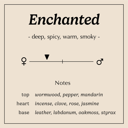 enchanted description deep spicy warm smoky
Notes:
Wormwood, Pepper, Mandarin
Incense, Clove, Rose, Jasmine
Leather, Labdanum, Oakmoss, Styrax