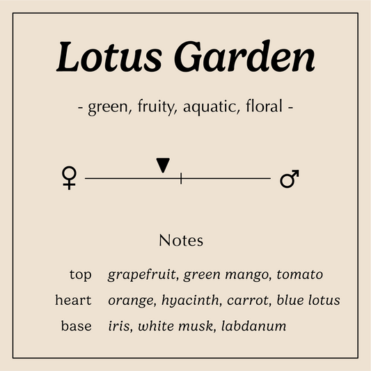 lotus garden description green fruity aquatic floral
Notes:
Grapefruit, Mango, Tomato
Orange, Hyacinth, Carrot, Lotus
Iris, White Musk, Labdanum