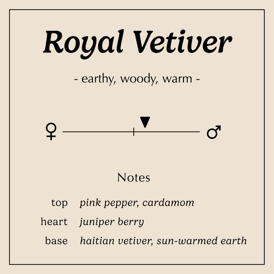 royal vetiver description earthy woody warm
Notes:
Top - Pink Pepper, Cardamom
Heart - Juniper Berry
Base - Haitian Vetiver, sun-warmed earth