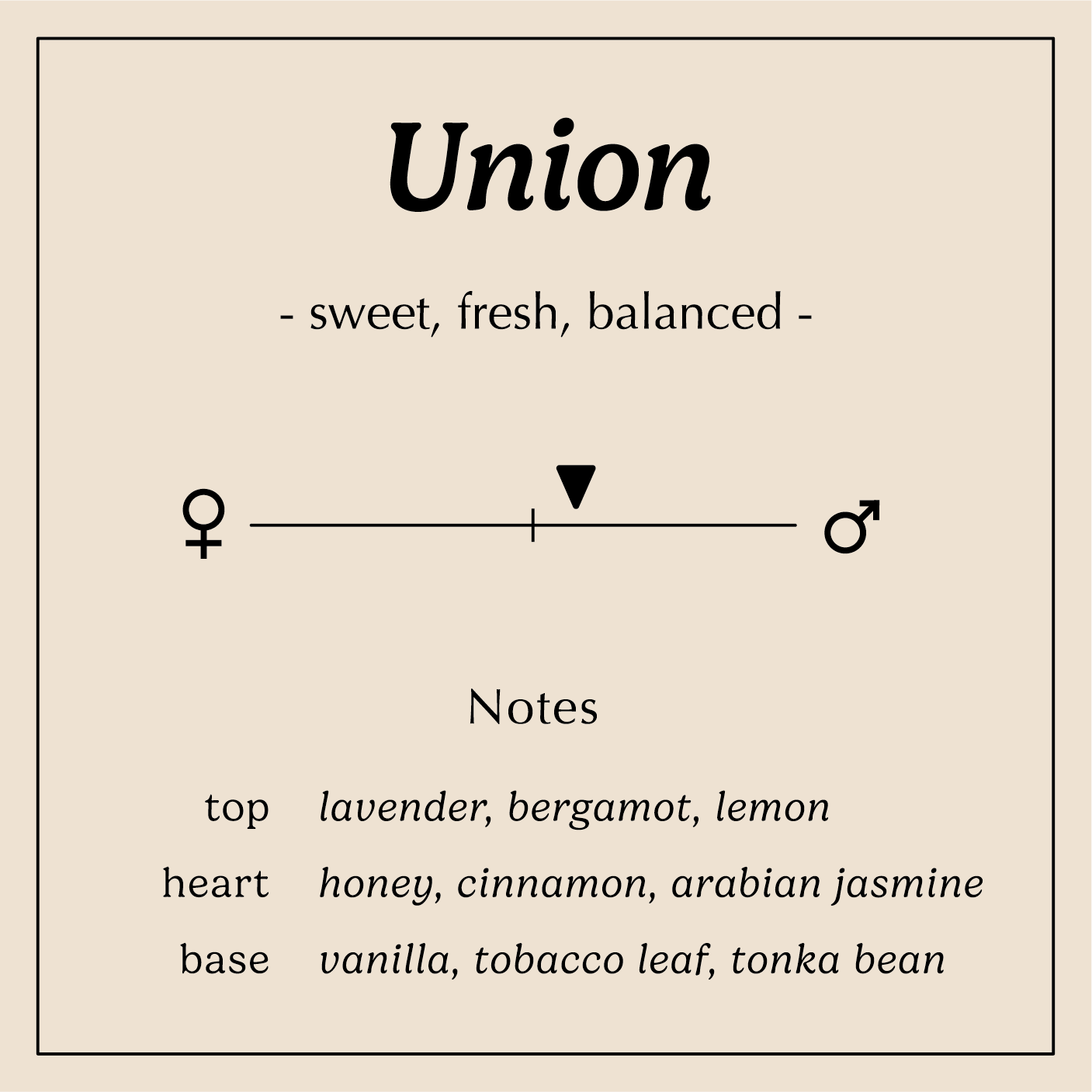 union description sweet fresh balanced
Notes:
Lavender, Bergamot, Lemon
Honey, Cinnamon, Arabian Jasmine
Tobacco Leaf, Vanilla, Tonka Bean