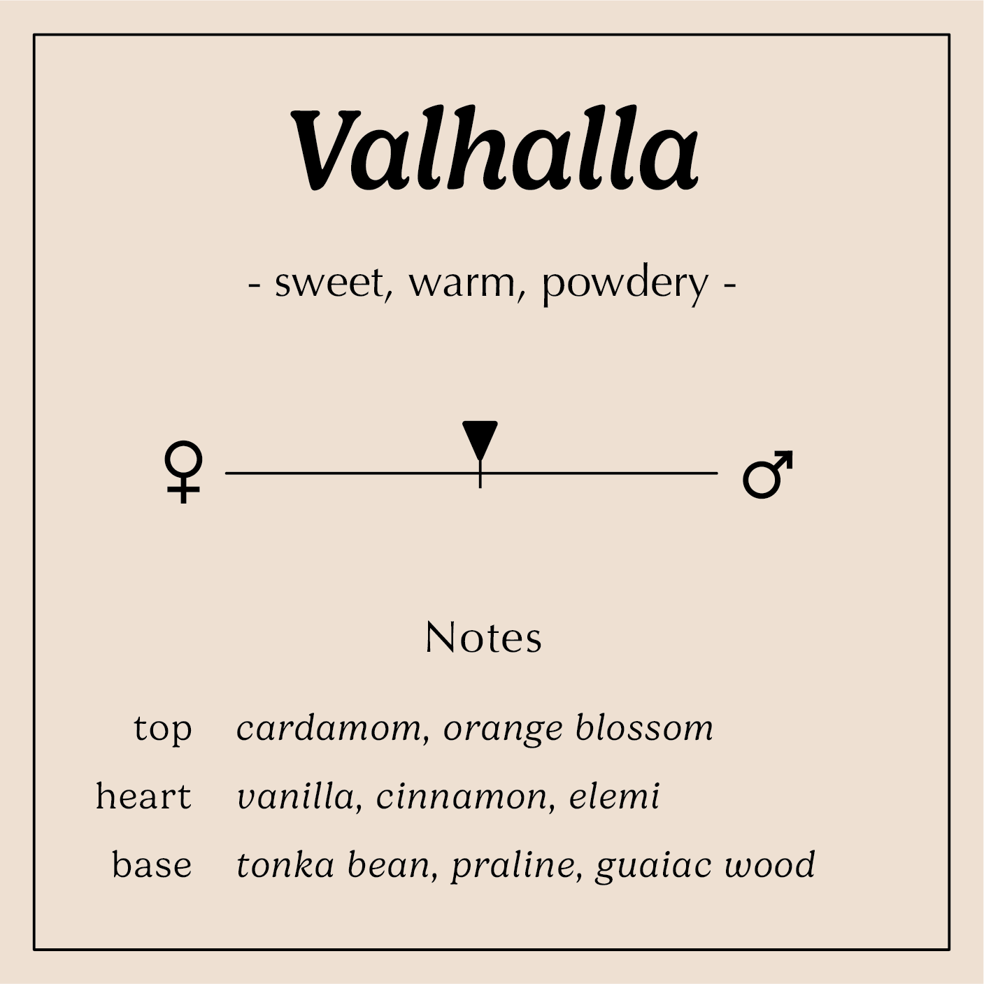 valhalla description sweet warm powdery
Notes:
Cinnamon, Cardamom, Orange Blossom
Bourbon Vanilla, Elemi, Candied Almond
Praline, Guaiac Wood, Tonka Bean