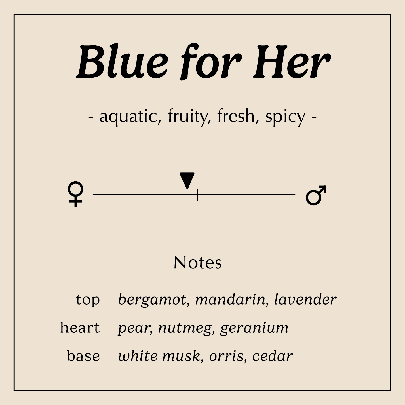 blue for her description aquatic fruity fresh spicy 
Notes:
Top - Bergamot, Yellow Mandarin, Lavender
Heart - Pear, Nutmeg, Geranium
Base - Orris, White Musk