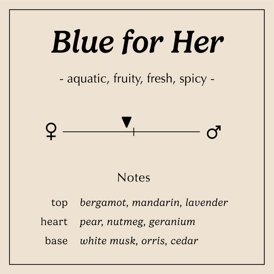 blue for her description aquatic fruity fresh spicy 
Notes:
Top - Bergamot, Yellow Mandarin, Lavender
Heart - Pear, Nutmeg, Geranium
Base - Orris, White Musk