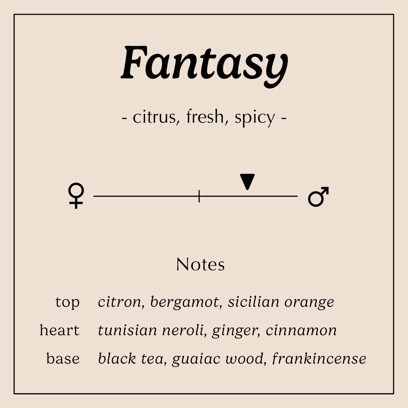 fantasy description citrus fresh spicy Notes:
Citron, Bergamot, Orange
Neroli, Ginger, Cinnamon
Black Tea, Guaiac Wood, Frankincense