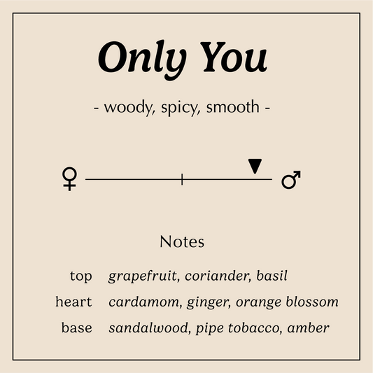 only you description woody spicy smooth
Notes:
Top - Grapefruit, Coriander, Basil
Heart - Cardamom, Ginger, Orange Blossom
Base - Amber, Pipe Tobacco, Sandalwood