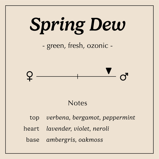 spring dew description green fresh ozonic 
Notes:
Top - Peppermint, Verbena, Bergamot
Heart - Lavender, Violet, Neroli
Base - Abergris, Oakmoss